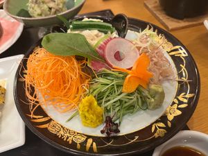 Vegetable Salad Plate with "yuba" (tofu skin). I mixed the soy sauce and wasabi and used it as a sauce for this plate. at Ōwani Onsen Fujiya Hotel in Owani