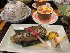 Stuffed Eggplant, grilled veggies, vegan "gratin" at Ōwani Onsen Fujiya Hotel in Owani