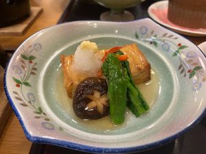 Tofu steak "ankake" with veggies and shiitake at Ōwani Onsen Fujiya Hotel in Owani