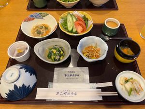 vegan breakfast - unfortunately I found that the natto's sauce packet contained fish stock, so I didn't use it. I put soy sauce in it instead. at Ōwani Onsen Fujiya Hotel in Owani