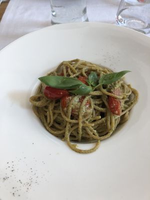 Spaghetti with vegan pesto and tomatoes   at Gusto Rosso in Vicenza