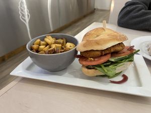 Seitan Chick’n Sandwich and homefries   at The Green Bar in Hamilton