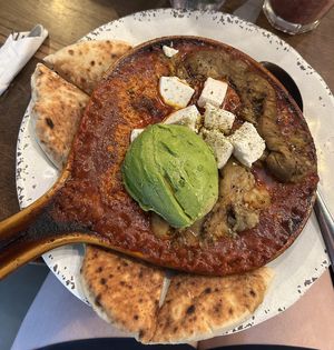 Vegan shakshuka with vegan feta, eggplant, and avocado   at Art Cafe in Nyack