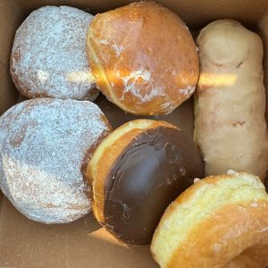 jelly filled (powered and glazed), boston cream, glazed and maple bar   at Jean's Donuts in La Habra
