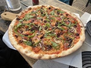 Veggie pizza (which is vegan)  at beertime in Athens