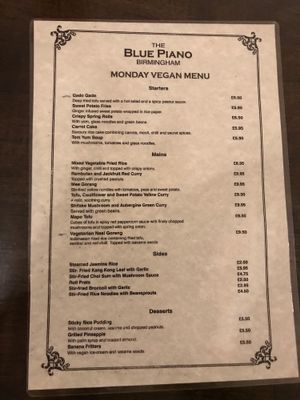 Ask for the vegan menu in November 2018 at Blue Piano in Birmingham