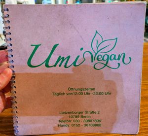 1st 9 pages (of 16) of menu at Umi Vegan at Umi Vegan in Berlin