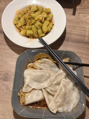 vegan dumplings and cucumber salad   at Gemini Dumplings & Noodles Restaurant in Koh Tao