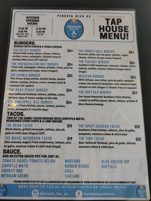 Menu for meals at Penguin Beer Company in Penguin