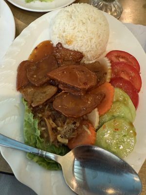 Vegan meat and tofu rice plate   at Veggie Today in Concord