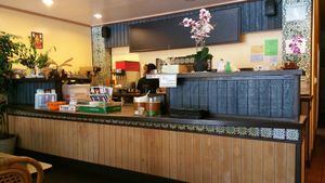 Front counter with free Buddha posters and CDs at Veggie Today in Concord