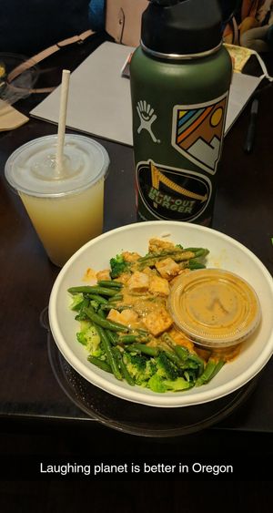 Thai Bowl with no slaw and extra peanut sauce. Delicious! Good lemonade too at Laughing Planet Cafe in Corvallis