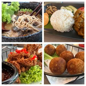 Shacha ramen, rendang rice, salt & pepper mushrooms & goro balls  at nomVnom Cafe in Johor Bahru