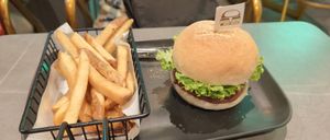 Burger and fries at nomVnom Cafe in Johor Bahru