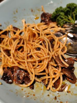 No hint of basil or oregano. Chilli oil coated Pasta at nomVnom Cafe in Johor Bahru