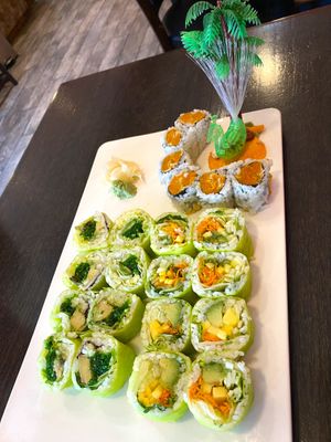 Vegan Sushi:
Pumpkin Tempura
"Super Veggie"
(Lettuce, Avocado, Cucumber, Carrot, Mango wrapped w/soypaper)
"Mr. Green" (Lettuce, Cucumber, Avocado, Seaweed Salad wrapped w/soyp at Masago Sushi 35 in Southington