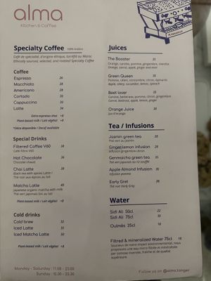 Drinks menu   at Alma Kitchen & Coffee in Tangier