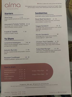 Menu pg 1  at Alma Kitchen & Coffee in Tangier