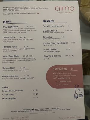Menu pg 2  at Alma Kitchen & Coffee in Tangier