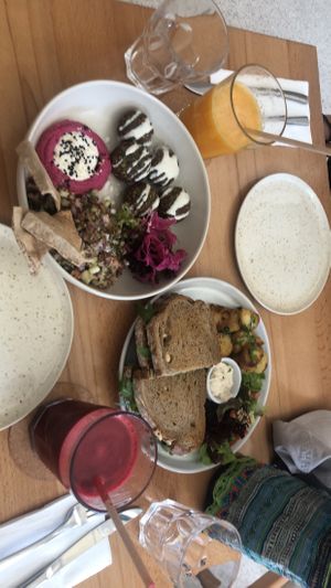 Falafel bowl and the mushroom sandwich with a cashew cheese. Both fully vegan and delicious   at Alma Kitchen & Coffee in Tangier