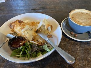 Mushroom, spinach and cheese filo, flat white with soy milk   at Coffee Culture in Rolleston