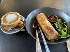 Soy flat white and mushroom spinach filo from the cabinet   at Coffee Culture in Rolleston