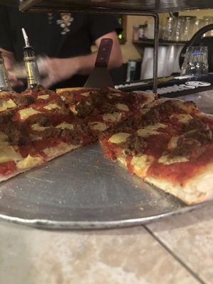 Medium pizza with vegan cheese and vegan meatt  at Revolution Pizza Shop in Luquillo