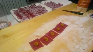Homemade pumpkin and red beet tortelloni at Butterflies Court - Castello d'Orsara Bormida in Orsara Bormida