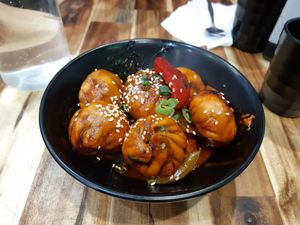 Vegan Momos with spicy sauce at Momo Central - Bourke St in Melbourne