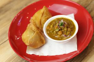 vegetarian samosa and Vegan pea curry at Momo Central - Bourke St in Melbourne