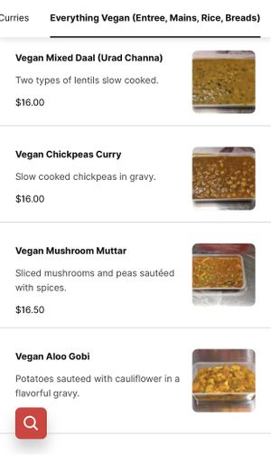 Vegan Menu  at Husna's Indian Kitchen in Cheltenham