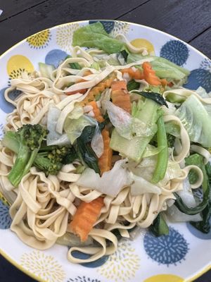 Yellow noodles and veg   at Tib Khao in Luang Prabang