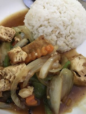 Stir fried tofu and basil with rice   at Tib Khao in Luang Prabang