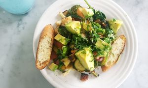 Delicious breakfast tempeh with vegetables at Cafe Gratitude in Venice