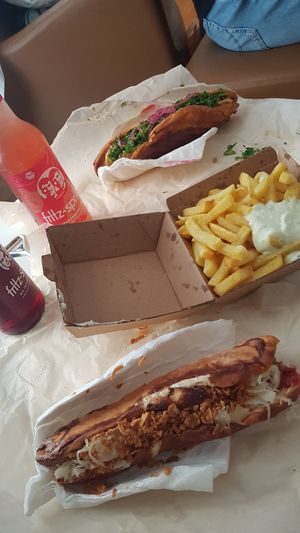 vegan bosna, fries with vegan truffle mayo & vegan kraut hot dog at Speisekammer in Vienna