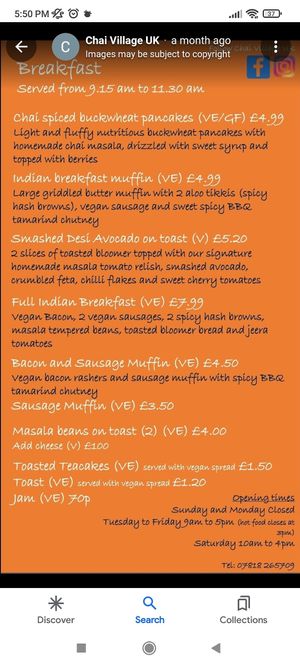 Breakfast menu at Chai Village in Manchester