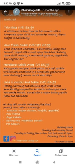 Lunch menu at Chai Village in Manchester