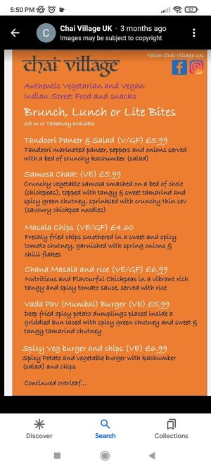 Lunch menu at Chai Village in Manchester