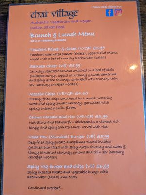 Menu at Chai Village in Manchester