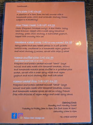 Menu at Chai Village in Manchester