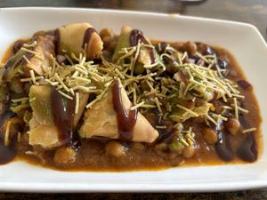 Samosa chat  at Chai Village in Manchester