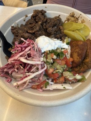 Plant rice bowl.  I’d reconfirm that the included “cucumber tzatziki” is truly vegan. The counter lady said it was    at Falafel Inc in Washington