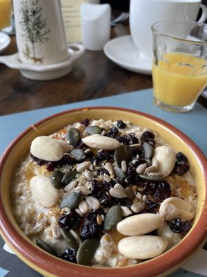 Start off the meal with creamy Scottish overnight oats including bespoke fixins such as their homemade whisky marmalade (divine), nuts, seeds, and fruit.   at Blaeberry House in Inverness