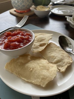 Homemade crackers and a toasty tomato sauce make up course two. Plus plenty of coffee and/or tea, naturally!   at Blaeberry House in Inverness