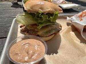 American chzburger and (I think) the house made social sauce   at Next Level Veggie Grill – Ballard in Seattle