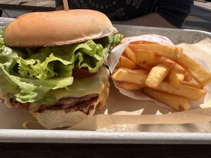 Fire Chzburger and side of fries (not that spicy)   at Next Level Veggie Grill – Ballard in Seattle