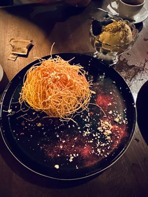 Kataifi noodle shavings and pistachio ice cream. at Anixi in New York City