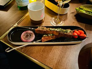 Grilled “steak” shish kabob using Chunk steak. It was FANTASTIC. at Anixi in New York City