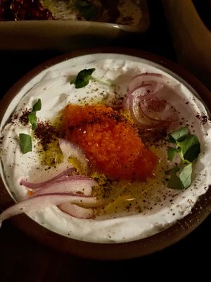 TARAMASALATA - Lemon infused yogurt, orange seaweed caviar, red onions, evoo, sumac at Anixi in New York City
