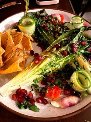GRILLED FATTOUSH - Petite romaine, radishes, cucumbers, tomatoes, parsley, mint, pomegranate, shaved pita crisps  at Anixi in New York City